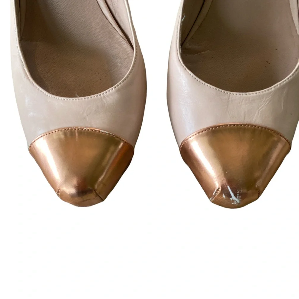 Pura Lopez Leather Gold Toe Nude Platform Slingback Heels - 7.5 - 38 - Picture 5 of 16